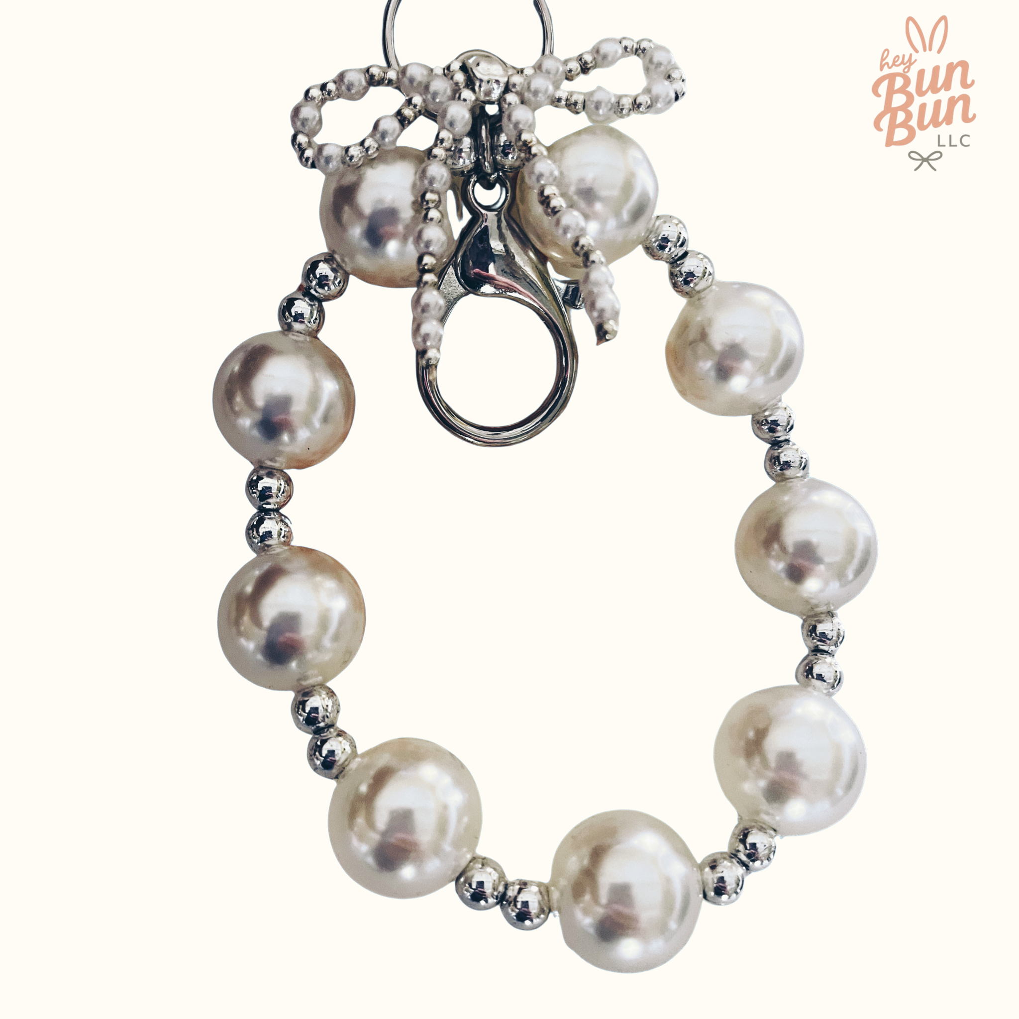 Handmade Beaded Wristlet Keychain - Pearl & Silver